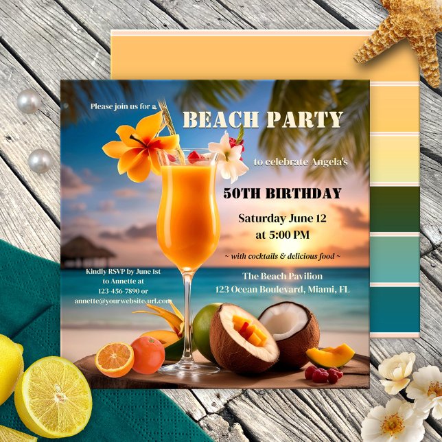 Tropical Cocktail-Födelsedagsfest, sommarströ Inbjudningar (Summer cocktail party invitation featuring a sunset on the beach with fruits and festive drink)