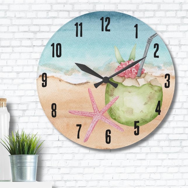 Tropical Cocktail Hour Beach Stor Klocka (Cute Starfish Coconut Cocktail Drink Beach Large Clock)
