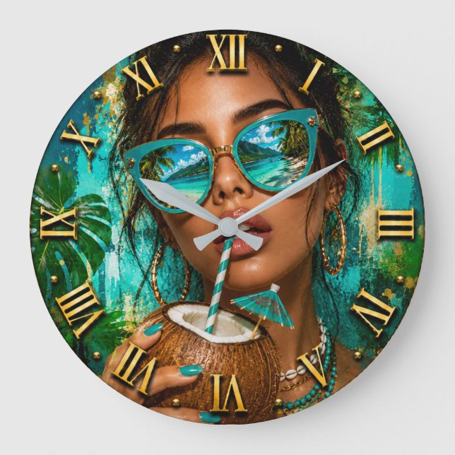 Tropical Coconut Beach Woman Portrait  Stor Klocka (Framsida)