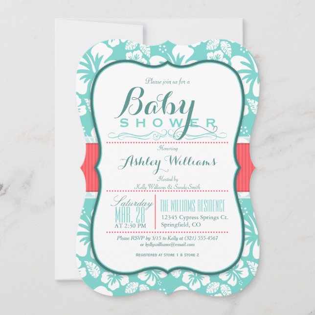 Tropical Coral & Aqua Mönster; Elegant Baby Shower Inbjudningar (Framsida)