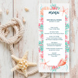 Tropical Coral Reef | Under Bröllop Meny<br><div class="desc">Nautical, "Under the Sea"-temat på bröllop-menyn har en färgstark vattenfärgkorallrev och segelceller i skuggor av aqua, mynta, korall och rosa med marin blå text. Omvänd sida är en mönster av sjöceller och korall på en marin blå bakgrund. Koordinerar min "Tropical Reef"-samling och är perfekt för bröllopsteman för strand, nautiska, kust...</div>
