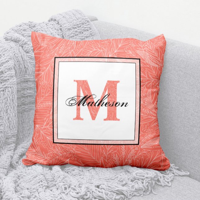 Tropical Coral & White Löv Patterned Monogram Kudde (Coral and White Monogram Pillow (with Leaves Pattern Monogram) and Any Name)