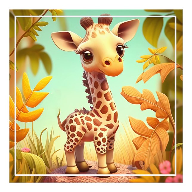Tropical Cute Baby Giraffe Tecknad Fototryck (Framsidan)