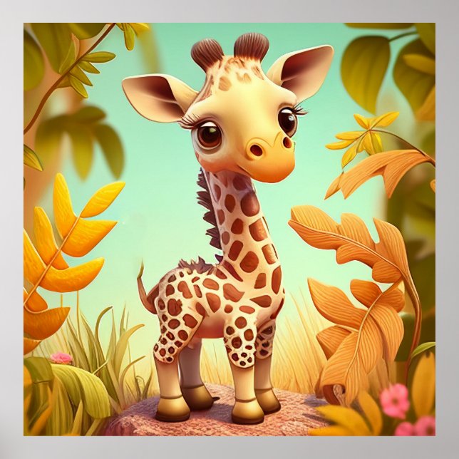 Tropical Cute Baby Giraffe Tecknad Poster (Framsidan)