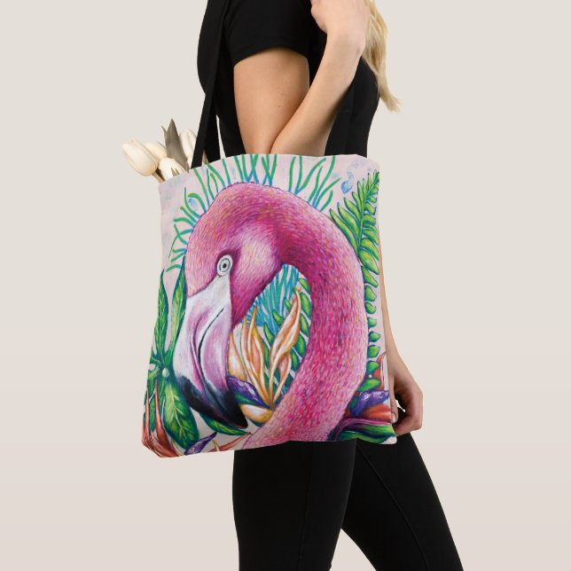 Tropical Cute Blommigt Rosa Flamingo Tote Bag Tygkasse (Närbild)