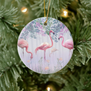 Tropical Cute Family Rosa Flamingos Julgransprydnad Keramik