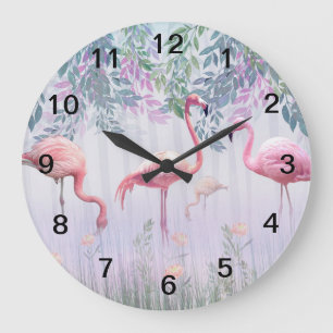 Tropical Cute Family Rosa Flamingos Stor Klocka
