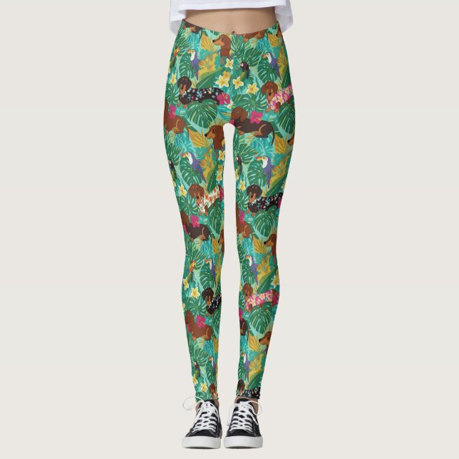 Tropical Dachshund Beach Vibes Leggings (Framsida)