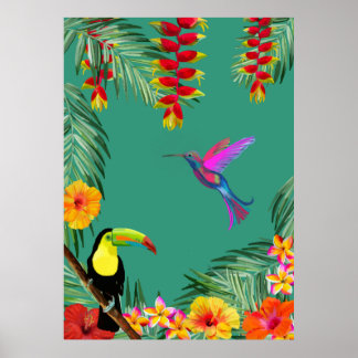 Tropical Delight hummingbird toucan flowers Poster