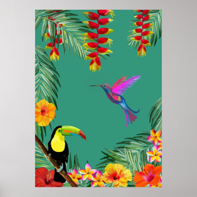 Tropical Delight hummingbird toucan flowers  Poster (Framsidan)