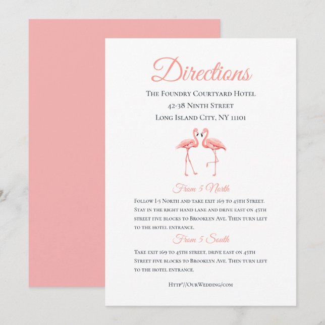 Tropical Details Directions Rosa Flamingo Bröllop Inbjudningar (Fram/baksida)