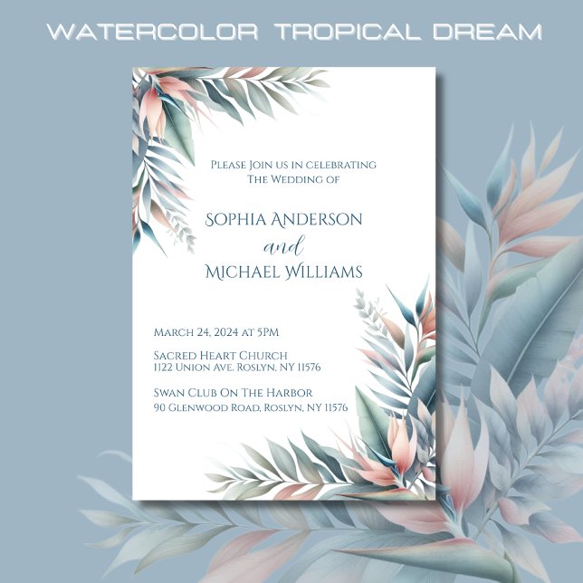 Tropical Dream-Bröllop Inbjudningar (Watercolor Tropical Dream Wedding Invitations-Coastal-Pastel Colors)