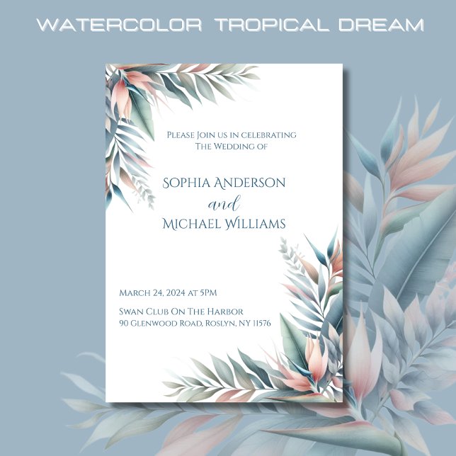 Tropical Dream-Bröllop Inbjudningar (Watercolor Tropical Dream Wedding Invitations-Coastal-Pastel Colors)