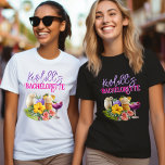 Tropical Drinks Personalized Bachelorette T-shirt<br><div class="desc">Bachelorette t-shirts for the ladies of the wedding party. Black, short sleeve tee shown, with lavender name, bright pink party title and a tropical design. Include the title of the woman on the back, "Bridesmaid", etc., or remove the sample wording to order shirts with nothing on the back. A collection...</div>