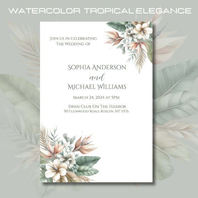 Tropical Elegance-Bröllop Inbjudningar (Watercolor Tropical Elegance Wedding Collection- Sage Green and Peach)