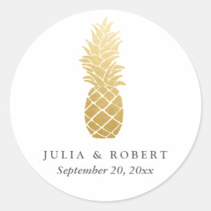 Tropical Elegance Faux Gold Foil Pineapple Bröllop Runt Klistermärke