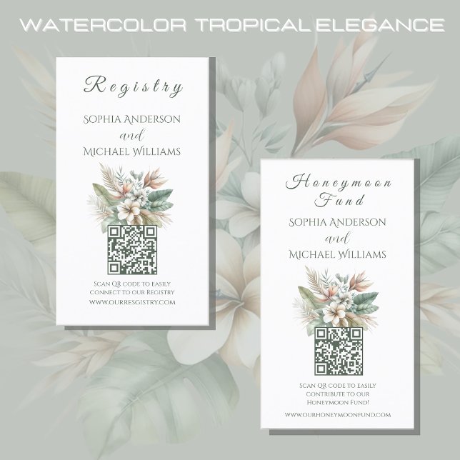 Tropical Elegance - Registry-Honeymoon Visitkort (Watercolor Tropical Elegance Wedding Collection-Registry and Honeymoon Fund-Green and Peach)