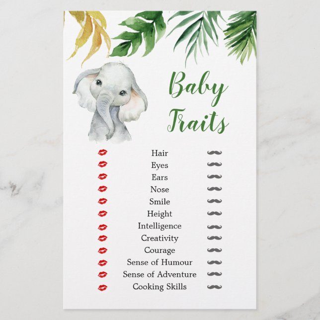 Tropical Elephant Boy Baby Shower Baby Traits Game (Framsida)