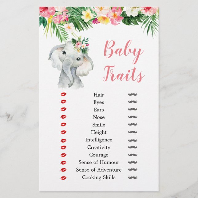 Tropical Elephant Girl Baby Shower Baby Traits (Framsida)