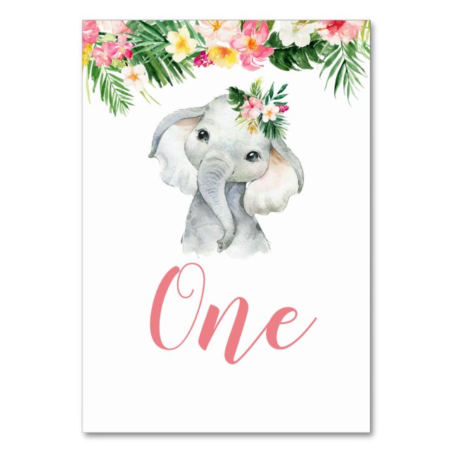 Tropical Elephant Girl Baby Shower Bordsnummer (Framsidan)