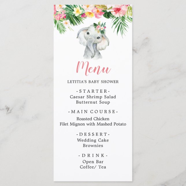Tropical Elephant Girl Baby Shower Menu Sign Meny (Framsida)