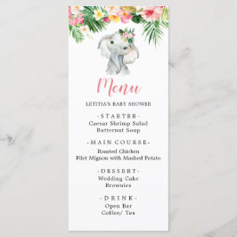 Tropical Elephant Girl Baby Shower Menu Sign Meny