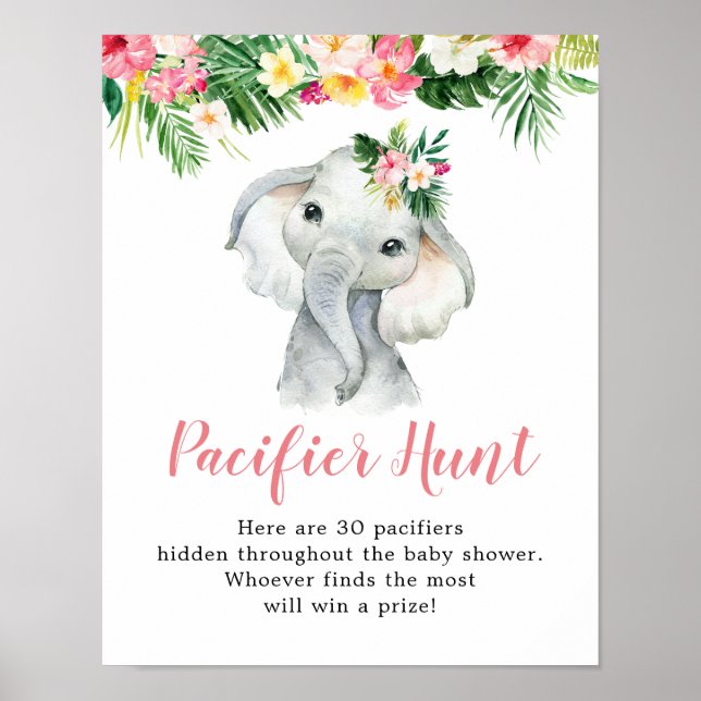 Tropical Elephant Girl Baby Shower Nappar Hunt Poster (Framsidan)