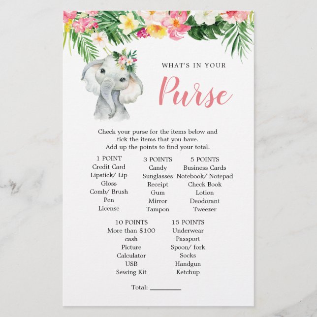 Tropical Elephant Girl Baby Shower Purwer Game (Framsida)