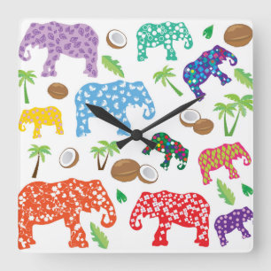 Tropical Elephants Fyrkantig Klocka