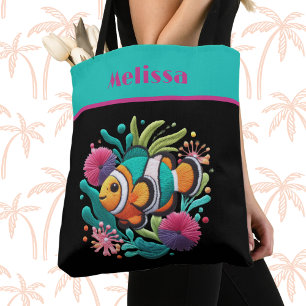 Tropical Faux Embroidery Fish Turcos Rosa Namn Tygkasse