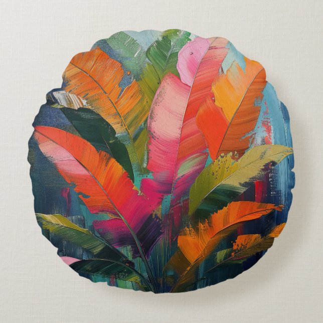 Tropical Feathers – Vibrant Botanical Abstraction Rund Kudde (Framsidan)