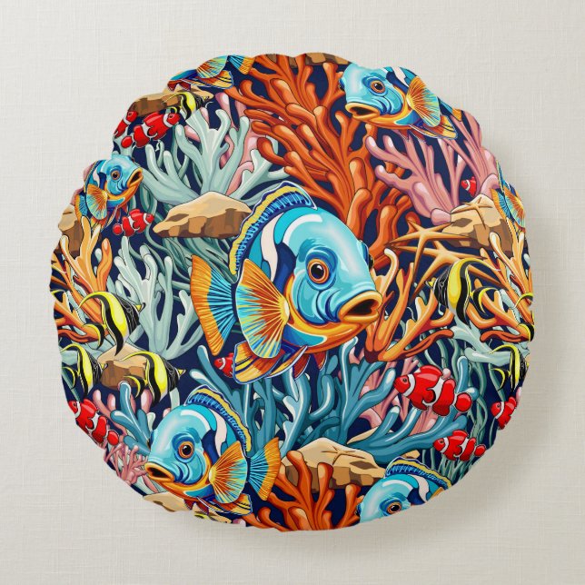 Tropical Fish Colorful Summer Vibes Rund Kudde (Framsidan)