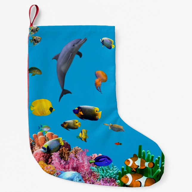 Tropical fish & dolphin blue Christmas stocking Liten Julstrumpa (Framsidan)