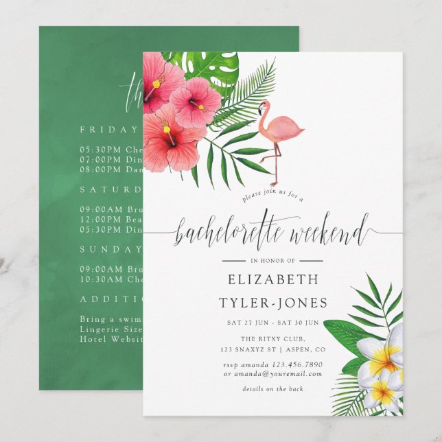 Tropical Flamingo Aloha Luau Bachelorette Helg Inbjudningar (Fram/baksida)