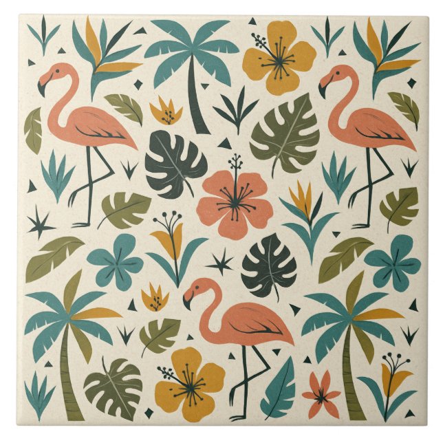 Tropical Flamingo and Palm Tree Pattern Kakelplatta (Framsidan)