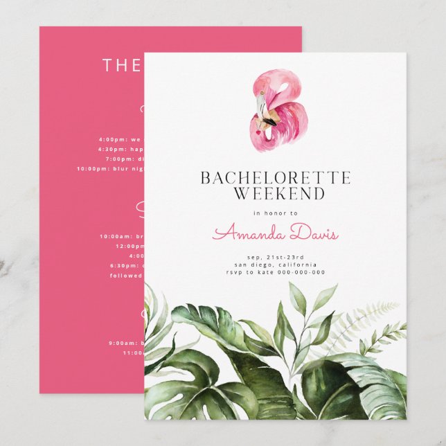 Tropical Flamingo Bachelorette Helg Itinerary Inbjudningar (Fram/baksida)