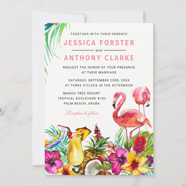 Tropical Flamingo Beach Destination Wedding Inbjudningar (Framsida)