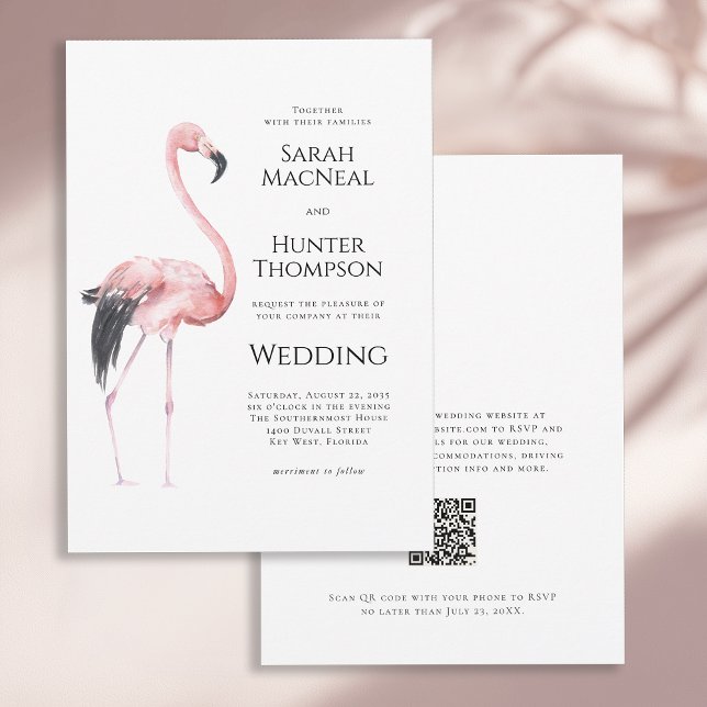 Tropical Flamingo Beach Wedding QR code Inbjudningar (Skapare uppladdad)