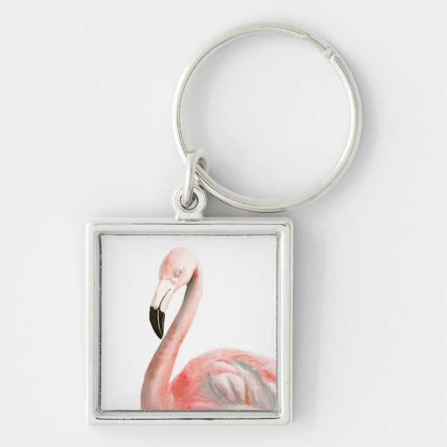 Tropical Flamingo Bird Fyrkantig Silverfärgad Nyckelring (Framsidan)
