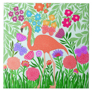 Tropical Flamingo Blommigt Butterfly Garden Art Kakelplatta