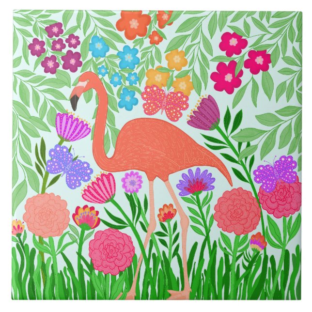 Tropical Flamingo Blommigt Butterfly Garden Art Kakelplatta (Framsidan)