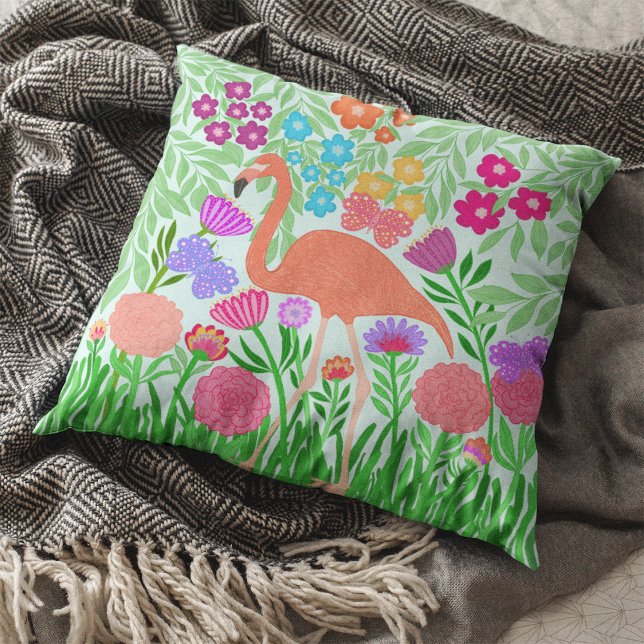 Tropical Flamingo Blommigt Butterfly Garden Art Kudde (Enchanting Flamingo Butterfly and Flower Design Throw Pillow)