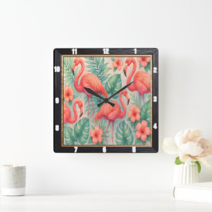 Tropical Flamingo Blommigt Fyrkantig Klocka