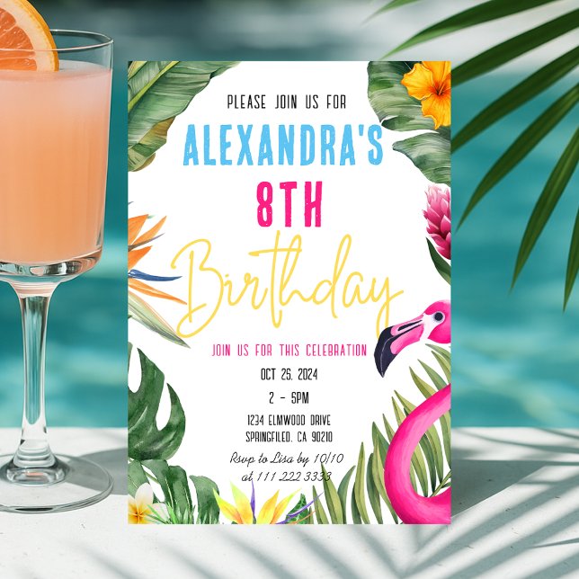 Tropical Flamingo Blommigt Girl Luau Barns födelse Inbjudningar (Tropical Flamingo Floral Girl Luau Kids Birthday Invitation)