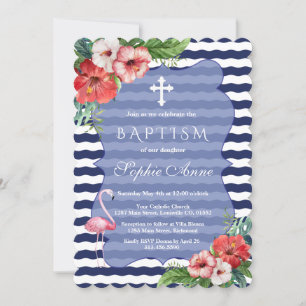 Tropical Flamingo Blommigt Luau Navy Blue Baptism Inbjudningar