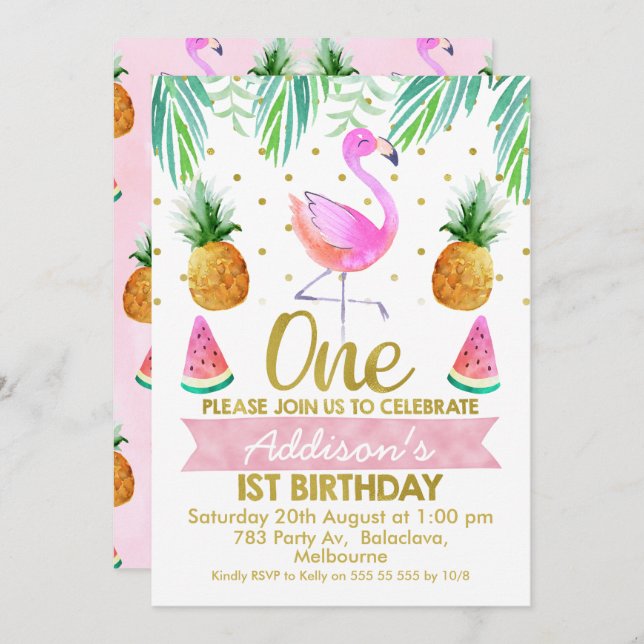 Tropical Flamingo First Birthday Call Inbjudningar (Fram/baksida)