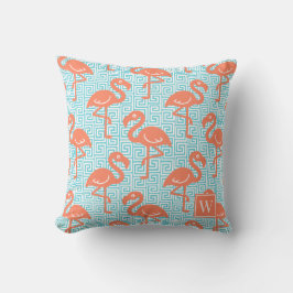 Tropical Flamingo Greek Key Coral & Turq Monogram Kudde