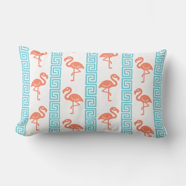 Tropical Flamingo - Greek Key Coral & Turquoise Lumbarkudde (Framsida)