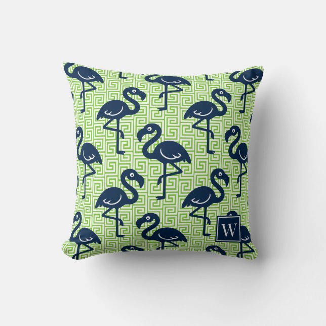 Tropical Flamingo Greek Key - Lime & Navy Monogram Kudde (Framsida)