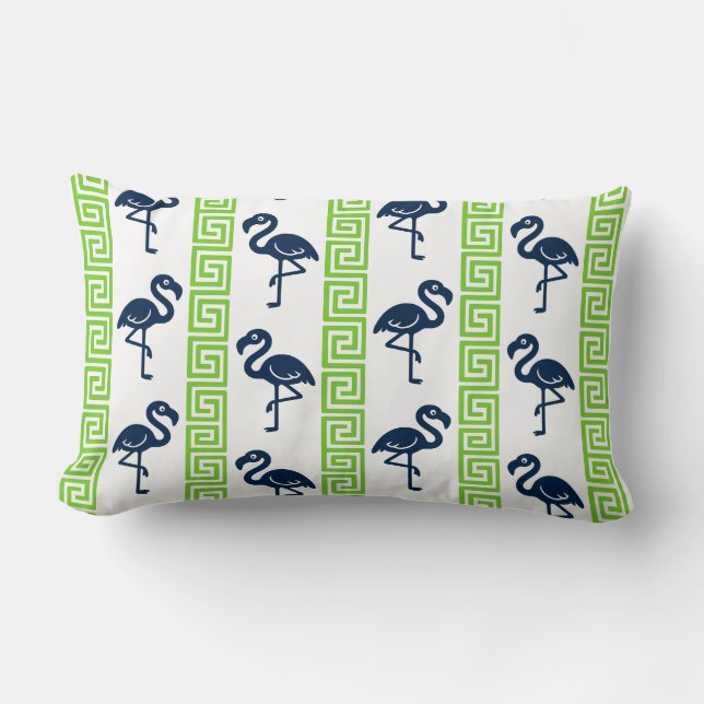 Tropical Flamingo - Greek Key Navy & Lime Lumbarkudde (Framsida)